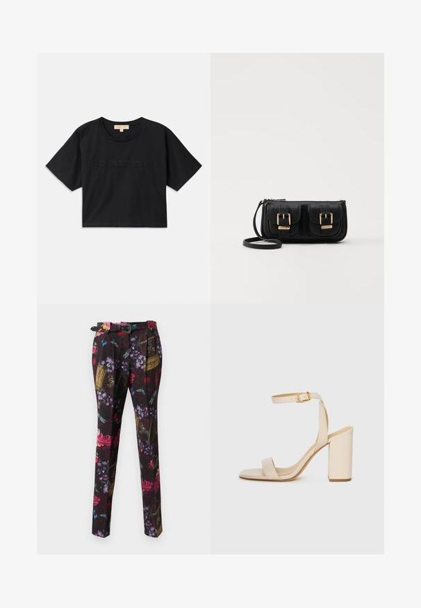 Fekete, rövid fazonú pamut póló. Kerek nyakkivágása és rövid ujjai vannak. A "MICHAEL KORS" felirat hímzéssel, az alapszínnel megegyező színben található az elején.; Virágmintás nadrág fekete alapszínnel, élénk piros, lila és kék részletekkel, egyenes szabással és díszövvel.; Beige színű magassarkú szandál négyzet alakú orral, vékony bokapánttal és tömbsarkúval. Simas bőrfelület arany csattal díszítve.; Fekete bőr keresztbody táska két elülső zsebbel, arany csattokkal, cipzáras záródással és vékony pánttal. Textúrált felület és kompakt téglalap alak.