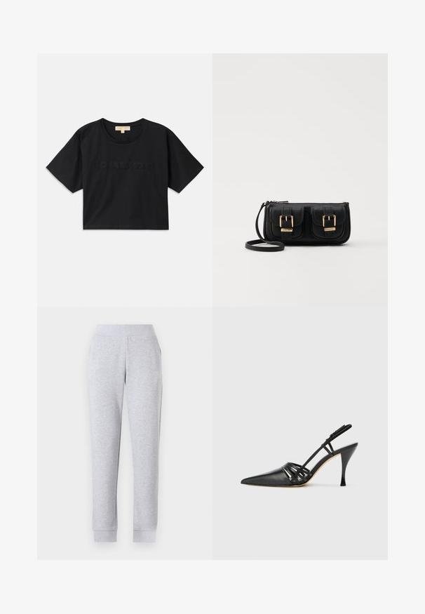 Black cropped t-shirt made of cotton. Features round neckline and short sleeves. "MICHAEL KORS" embroidered in matching color on the front.; Gray sweatpants with a tapered design, elastic waistband, ribbed cuffs, and side pockets. Fabric appears soft and slightly textured.; Black leather high-heeled slingback shoe with pointed toe, crisscross strap design, and slim stiletto heel. Smooth texture and minimal accents.; Black leather crossbody bag with two front pockets, gold buckles, zipper closure, and a slim strap. Textured surface and compact rectangular shape.