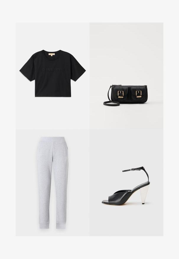 Zwart cropped t-shirt van katoen. Voorzien van een ronde hals en korte mouwen. "MICHAEL KORS" geborduurd in een bijpassende kleur op de voorkant.; Grijze sweatpants met een taps toelopend ontwerp, elastische tailleband, ribgebreide boorden en zijzakken. De stof lijkt zacht en lichtjes gestructureerd.; Zwarte leren hoge hak sandaal met open teen, asymmetrisch ontwerp, enkelbandje en een metalen kegelvormige hak. Glad oppervlak over het geheel.; Zwarte leren schoudertas met twee vo pockets, gouden gespen, ritsluiting en een smalle band. Tekstuur oppervlak en compacte rechthoekige vorm.