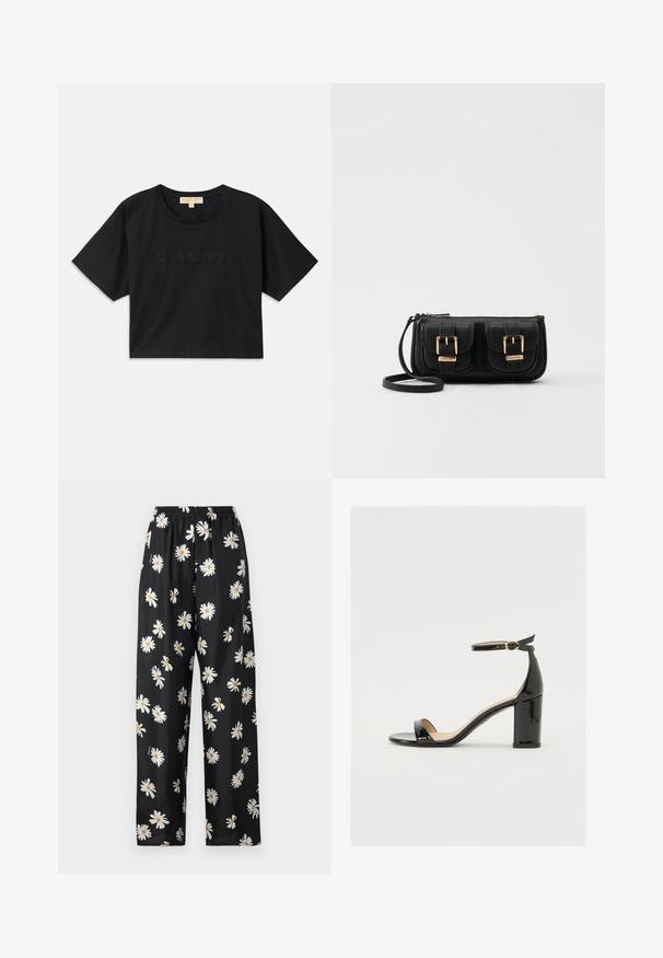 Must have mustakroot särk, mis on valmistatud puuvillast. Omab ümmargust kaelust ja lühikesi varrukaid. Ees on sama värviga tikitud "MICHAEL KORS".; Mustra mustikihvelda püksid kerge kangaga, millel on elastne vöökohus, kaunistatud valgete karikakarde mustriga, mille keskel on oranžid täpid.; Must musta nahk sandaalid laia kanna, avatud varvaste ja ankletihaga, millel on kuldne pandla. Sile tekstuur ja elegantne disain.; Must küllastamata nahast õlakott, millel on kaks esist nähtavat taskut, kuldsed pandlad, tõmblukuga sulgemine ja peen rihm. Tekstuuriga pind ja kompaktne ristkülikukujuline kuju.