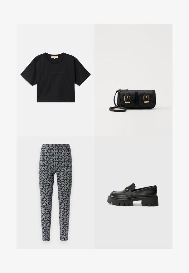T-shirt noire cropped en coton. Caractéristiques : col rond et manches courtes. "MICHAEL KORS" brodé dans une couleur assortie sur le devant.; Leggings noirs et gris ornés d'un motif intégral de lettres entrelacées. La ceinture est élastique, avec une coupe ajustée autour des jambes.; Mocassins en cuir noir avec une semelle épaisse, présentant un accent doré à l'avant et une finition lisse. Design à crampons épais sur la semelle.; Sac en cuir noir porté en travers avec deux poches avant, boucles dorées, fermeture zippée et une sangle fine. Surface texturée et forme rectangulaire compacte.