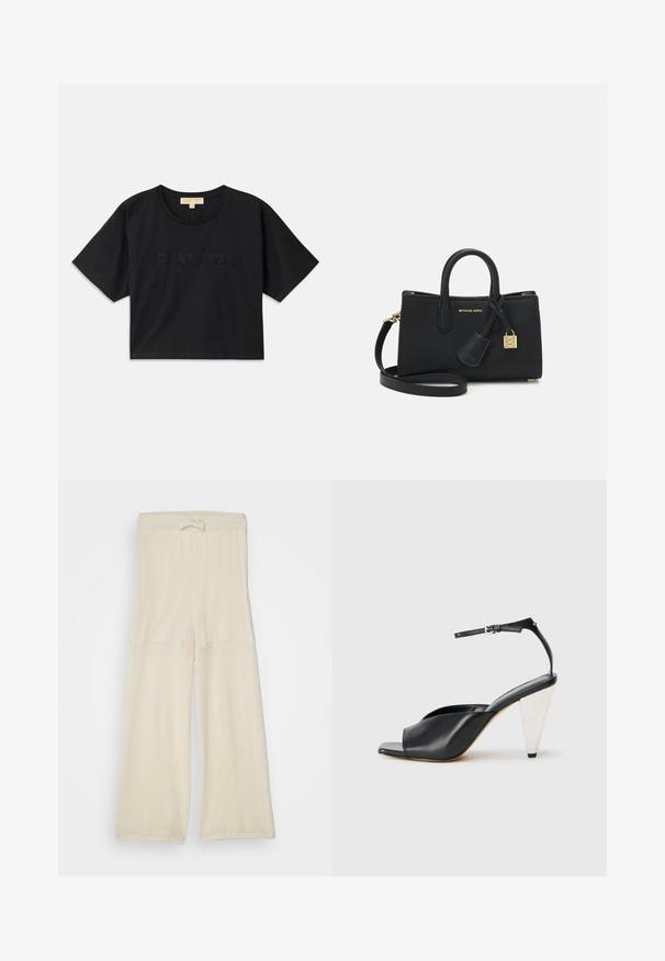 T-shirt noire cropped en coton. Caractéristiques : col rond et manches courtes. "MICHAEL KORS" brodé dans une couleur assortie sur le devant.; Pantalons large en maille beige clair avec une taille élastiquée, présentant une coupe ample et une surface texturée. Idéal pour un style décontracté.; Sandale à talon haut en cuir noir avec bout ouvert, design asymétrique, bride de cheville et talon en forme de cône métallique. Texture lisse sur toute la surface.; Sac à main en cuir noir avec un design structuré, des poignées supérieures et une bandoulière amovible. Présente des accessoires en or et un charme logo.