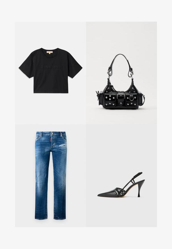 Tricou scurt negru din bumbac. Are guler rotund și mâneci scurte. "MICHAEL KORS" brodat în aceeași culoare pe față.; Jeans bleumarin slim-fit cu o ușoară decolorare, ușor deteriorate pe coapsa dreaptă și pe tivul stâng, cu buzunare frontale, găici pentru curea și închidere cu nasture.; Pantofii cu toc slingback din piele neagră, cu vârful ascuțit, design cu curea în cruce și toc stiletto subțire. Textură netedă și accente minime.; Geantă de piele neagră cu un design curbat, dotată cu studuri argintii, o cataramă și două buzunare laterale. Curea ajustabilă pentru opțiuni de transport.