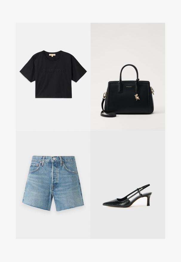 Mustat lyhyet hihatsiyhdistelmät, jotka on valmistettu puuvillasta. Pyöreä pääntie ja lyhyet hihat. "MICHAEL KORS" brodeerattu samansävyisenä eteen.; Vaaleansiniset farkkushortsit, joissa on korkea vyötärö, rispaantuneet lahkeet, viisi taskua, kuparinvaihteet ja vetoketjukiinnitys. Teksturoitu, rento muotoilu.; Musta patent slingback-kiilakorko teräväkärkisellä muotoilulla, jossa on teksturoitu käärmeennahkakuosi, säädettävä remmi ja lyhyt, teksturoitu blokkiheel.; Musta nahkalaukku, jossa on jämäkkä muotoilu, kaksinkertaiset ylätangot, irrotettava olkahihna, kultalevjät ja logokoru koristeena.