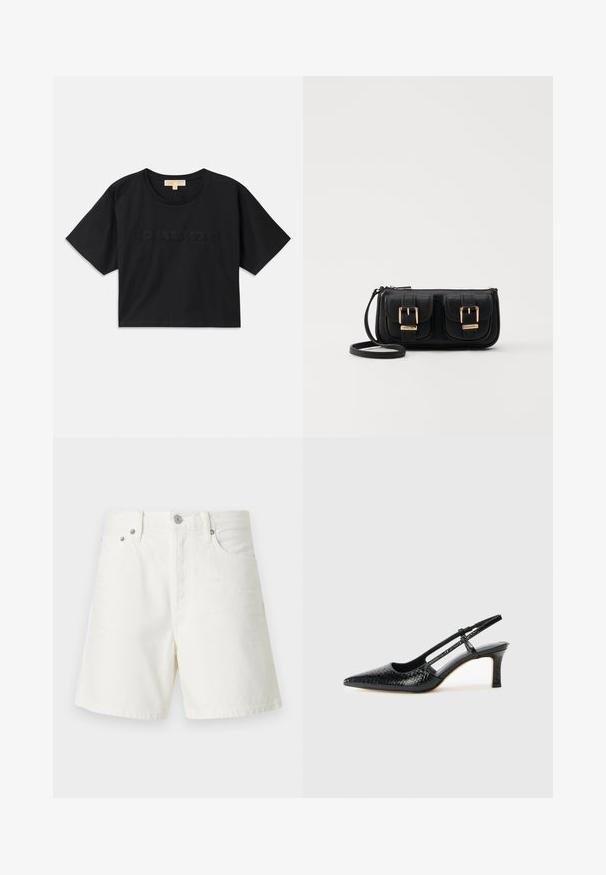 Schwarzes, verkürztes T-Shirt aus Baumwolle. Hat einen runden Halsausschnitt und kurze Ärmel. "MICHAEL KORS" in passender Farbe auf der Vorderseite gestickt.; Weiße Jeansshorts mit geradem Schnitt, Fünf-Taschen-Design, vorderem Knopfverschluss, silberner Hardware und genähten Details.; Schwarze Lack-Slingback-Pumps mit spitzem Zehenbereich, versehen mit strukturiertem Schlangenprint, verstellbarem Riemen und einem kurzen, strukturierten Blockabsatz.; Schwarze Leder-Umhängetasche mit zwei vorderen Taschen, goldenen Schnallen, Reißverschluss und einem schmalen Tragegurt. Texturierte Oberfläche und kompakte rechteckige Form.