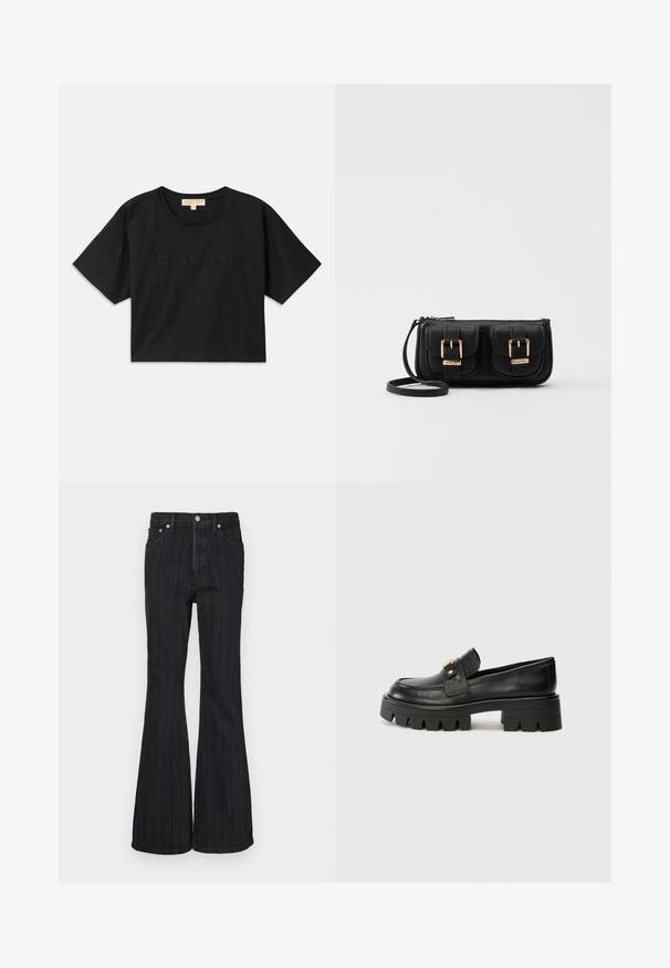 Čierny skrátený tričko vyrobené z bavlny. Má okrúhly výstrih a krátke rukávy. "MICHAEL KORS" vyšitý v zodpovedajúcej farbe na prednej strane.; Čierne denimy s rozšírenými nohavicami, ktoré majú vertikálne biele pruhy, päť vreciek, vysoký pás a kovové zapínanie na gombík.; Čierne kožené mokasíny s masívnou podrážkou, s akcentom v zlatej farbe na prednej strane a hladkým povrchom. Na podrážke je výrazný dezén.; Čierna kožená crossbody taška s dvoma prednými vreckami, zlatými sponami, zipsovým uzatváraním a úzkym popruhom. Štruktúrovaný povrch a kompaktný obdĺžnikový tvar.