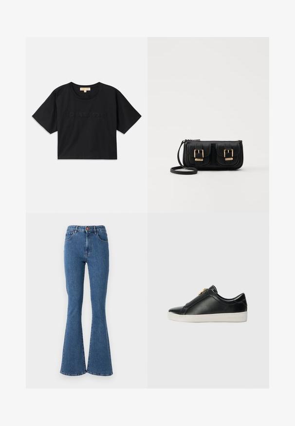 Černé zkrácené tričko vyrobené z bavlny. Obsahuje kulatý výstřih a krátké rukávy. "MICHAEL KORS" vyšitý v odpovídající barvě na přední straně.; Modré džíny s vysokým pasem a rozšířenými nohavicemi. Mají pět kapes a zapínání na přední knoflík. Šití podél švů.; Černé kožené nazouvací boty s vyvýšeným švem, detail stříbrného kování na svršku a bílá gumová podrážka s raženým logem.; Černá kožená crossbody taška se dvěma předními kapsami, zlatými přezkami, zipovým uzávěrem a štíhlým popruhem. Texturovaný povrch a kompaktní obdélníkový tvar.