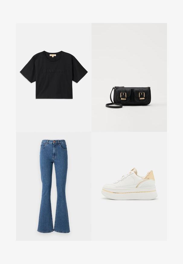 T-shirt noire cropped en coton. Caractéristiques : col rond et manches courtes. "MICHAEL KORS" brodé dans une couleur assortie sur le devant.; Jean en denim bleu taille haute avec une jambe évasée. Comprend cinq poches et une fermeture à bouton à l'avant. Détails de couture le long des coutures.; Sneaker plateforme en cuir blanc avec accents dorés, présentant un talon doré texturé, des lacets ronds et une semelle lisse avec une fine bande dorée.; Sac en cuir noir porté en travers avec deux poches avant, boucles dorées, fermeture zippée et une sangle fine. Surface texturée et forme rectangulaire compacte.