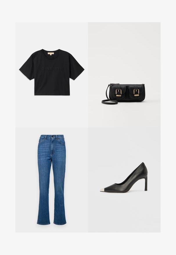 Tricou scurt negru din bumbac. Are guler rotund și mâneci scurte. "MICHAEL KORS" brodat în aceeași culoare pe față.; Jeans evazate din denim de culoare albastru mediu, cu talie înaltă, cinci buzunare și cusături tonale. Prezintă un sistem de închidere cu nasture și fermoar.; Pantof cu toc înalt din piele neagră, cu vârf ascuțit și un capac metalic argintiu. Are un finisaj neted și un toc subțire de 10 cm.; Geantă neagră din piele, tip crossbody, cu două buzunare frontale, catarame aurii, închidere cu fermoar și o curea subțire. Suprafață texturată și formă rectangulară compactă.