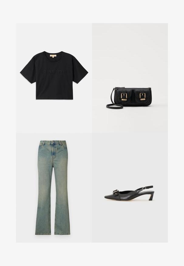 Must have mustakroot särk, mis on valmistatud puuvillast. Omab ümmargust kaelust ja lühikesi varrukaid. Ees on sama värviga tikitud "MICHAEL KORS".; Heled sinised jilidööd, kõrge vöökoht, viie tasku ja luku tõmblukk. Puhtad, tuhmunud viimistlusega ja peentel õmblustega.; Must must nahk slingback kingad terava varbaga, väikese kontsaga ja dekoratiivse pandlaga ülaosas. Sile tekstuur, minimalistlik disain.; Must küllastamata nahast õlakott, millel on kaks esist nähtavat taskut, kuldsed pandlad, tõmblukuga sulgemine ja peen rihm. Tekstuuriga pind ja kompaktne ristkülikukujuline kuju.