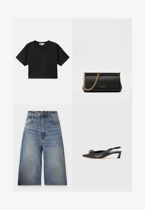 Camiseta cropped preta feita de algodão. Possui decote redondo e mangas curtas. "MICHAEL KORS" bordado na mesma cor na frente.; Culottes de denim azul com cintura alta, ajuste relaxado, lavagem azul clara, bolsos frontais, costura visível e fecho de botão na cintura.; Sandal com correia preta em pele, com bico fino, pequeno salto e detalhe de fivela decorativa na parte superior. Textura suave, design minimalista.; Mala de mão de couro preta com uma alça de corrente dourada, apresentando uma textura suave, forma retangular e uma marca gravada na parte da frente.