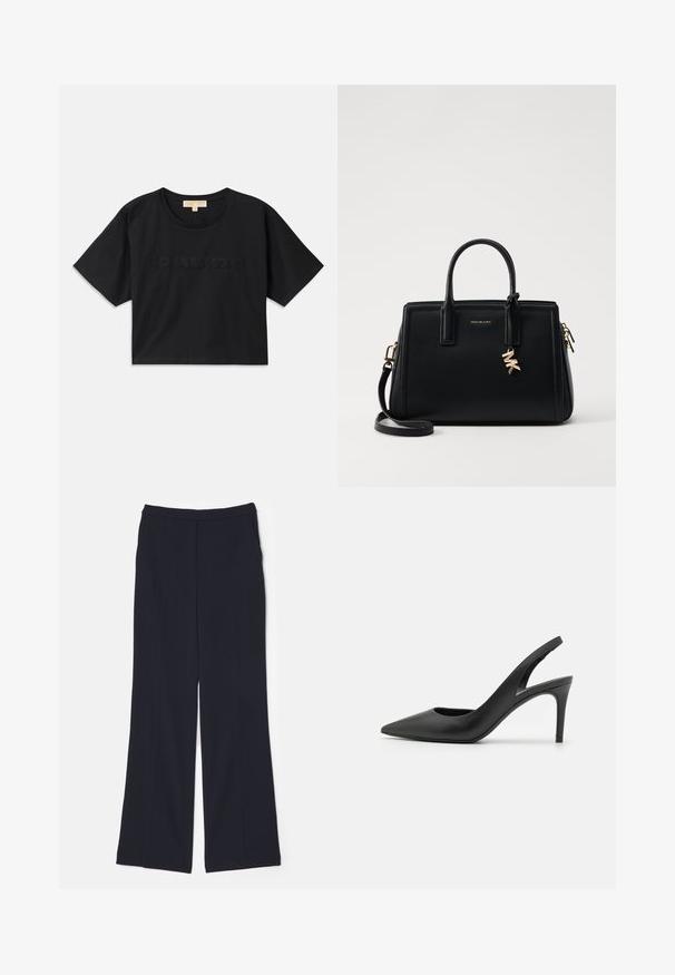 Juoda trumpa medvilninė marškinėliai. Suapvalintas iškirpimas ir trumpomis rankovėmis. "MICHAEL KORS" išsiuvinėta atitinkamos spalvos priekyje.; Tamsiai mėlynų plačių kelnių, pagamintų iš lygaus audinio, su aukštu juosmeniu ir dviem priekinais raukšlėmis, einančiomis žemyn kojomis.; Juodos odinės šlepetės su aukštu kulnu ir ilgu smailiu nosiu, turinčios išpjovą priekyje ir ploną stiletą.; Juodas odinis rankinė su struktūrizuotu dizainu, dviem viršutinėmis rankenėlėmis, nuimamu petiniu dirželiu, auksiniais akcentais ir logotipo pakabuku.