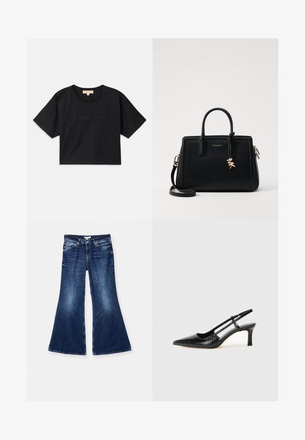 Camiseta corta negra de algodón. Presenta cuello redondo y mangas cortas. "MICHAEL KORS" bordado en color a juego en la parte frontal.; RE/DONE BAGGY FLARE - Vaqueros a campana - monterey fade; Tacón slingback negro de charol con punta afilada, que presenta un estampado de serpiente texturizado, correa ajustable y un tacón bloque corto y texturizado.; Bolso de piel negra con diseño estructurado, doble asa superior, correa de hombro desmontable, herrajes dorados y un charm de logo como acento.