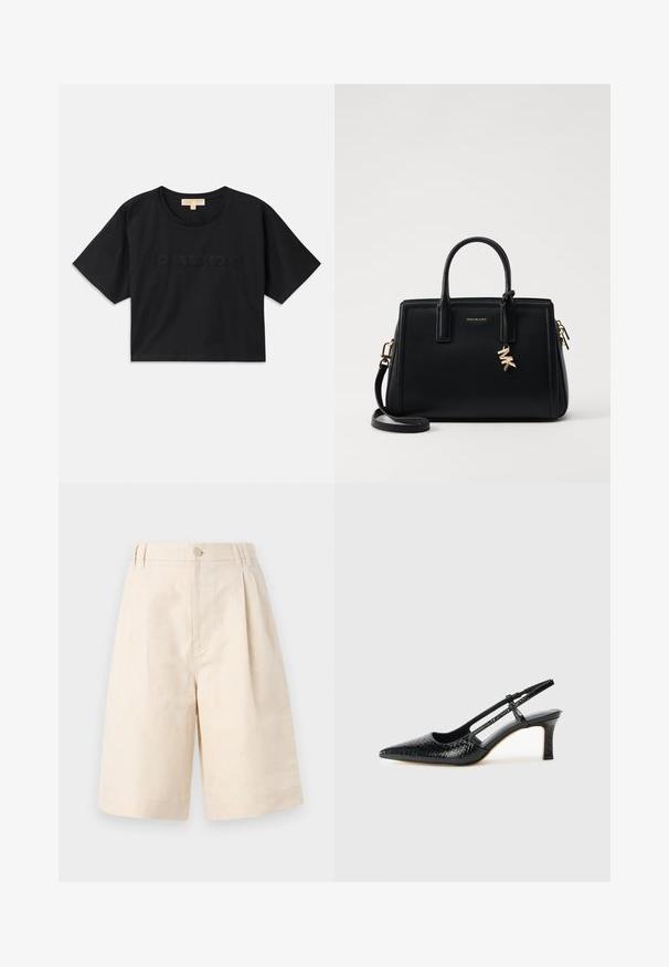 Črna skrajšana majica kratkih rokavov iz bombaža. Ima okroglo izrez in kratke rokave. Na sprednji strani je izšito ime "MICHAEL KORS" v usklajeni barvi.; Bež lana kratke hlače z ohlapnim krojem, z gumbom, nabranim dizajnom in dolžino do kolen. Gladka tekstura in preprost stil.; Črne lakaste slingback pete s koničastim nosom, ki imajo teksturiran vzorec kačje kože, nastavljiv trak in kratek teksturiran blok peto.; Črna usnjena torbica s strukturirano zasnovo, dvema zgornjima ročajema, odstranjevanim naramnim trakom, zlatim okovjem in dodatkom z logotipom.