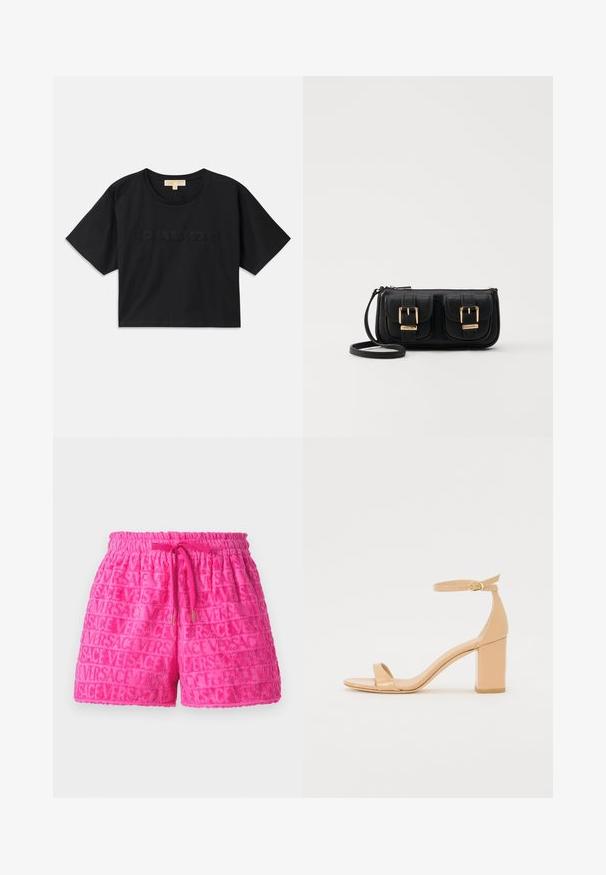 Fekete, rövid fazonú pamut póló. Kerek nyakkivágása és rövid ujjai vannak. A "MICHAEL KORS" felirat hímzéssel, az alapszínnel megegyező színben található az elején.; Rózsaszín, frottír anyagú sort, gumis derékkal és húzózsinórral, "VERSACE" felirattal dombornyomott mintával.; Nude színű, patent bőrből készült, négyzetes orrú magassarkú szandál, bokapánttal és vastag blokksarkú talppal. Sima textúra és minimális dizájn részletek.; Fekete bőr keresztbody táska két elülső zsebbel, arany csattokkal, cipzáras záródással és vékony pánttal. Textúrált felület és kompakt téglalap alak.