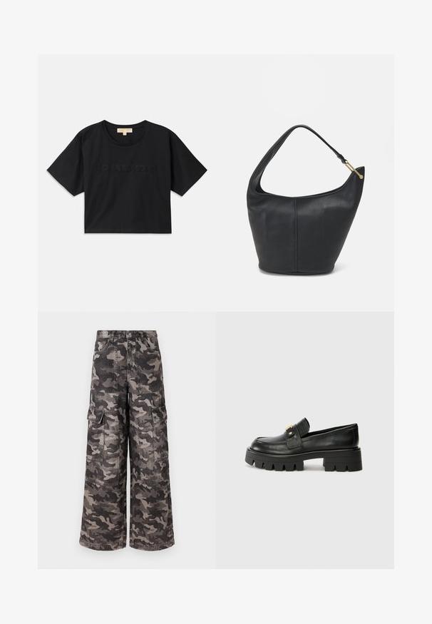 Black cropped t-shirt made of cotton. Features round neckline and short sleeves. "MICHAEL KORS" embroidered in matching color on the front.; MICHAEL Michael Kors WIDE LEG CAMO - Relaxed fit jeans - charcoal; Black leather loafers with a chunky sole, featuring a gold-tone accent on the front and a smooth finish. Chunky tread design on the sole.; Black leather handbag with a rounded shape, a wide strap, and a textured finish. Features a subtle seam detail and a gold-tone hardware accent.