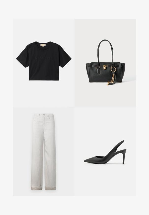 Črna skrajšana majica kratkih rokavov iz bombaža. Ima okroglo izrez in kratke rokave. Na sprednji strani je izšito ime "MICHAEL KORS" v usklajeni barvi.; Svetlo sivi laneni hlače z udobnim krojem, petimi žepi, gumbom za zapiranje in zavihanimi hlačnicami. Gladka tekstura z rahlim sijajem.; Črne usnjene slingback visokih petah s koničastim nosom, ki vključujejo izrez spredaj in tanko stilettoteko.; Črna usnjena torbica z dvojno ročajema, zlatim ključavnico in detajlom verige, ter dodatkom črno-belih rese na belem ozadju.