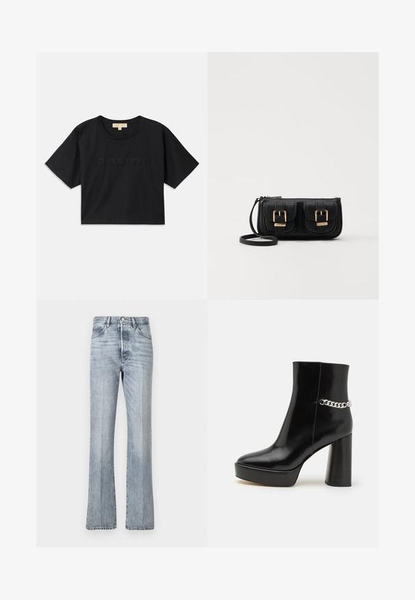 Mustat lyhyet hihatsiyhdistelmät, jotka on valmistettu puuvillasta. Pyöreä pääntie ja lyhyet hihat. "MICHAEL KORS" brodeerattu samansävyisenä eteen.; Vaaleansiniset farkut, joissa on levenevät lahkeet, korkea vyötärö, etutaskut ja hienovarainen haalistuma. Normaali nappi- ja vetoketjusulku.; Musta kiiltävä keinonahkasaapas nilkkapituisena, jossa on jykevä pohja ja korkea paljekorko. Sivussa on hopeinen ketjuviimeistely. Sileä pinta.; Musta nahkainen olkalaukku, jossa on kaksi etutaskua, kultaiset soljet, vetoketjukiinnitys ja kapea hihna. Teksturoidun pinnan ja kompaktin suorakaiteen muoto.