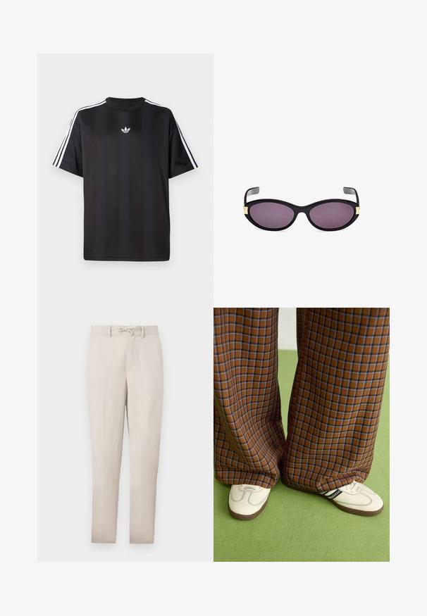 Tricou negru cu mânecă scurtă, cu detalii albe cu trei dungi pe umeri și un mic logo alb pe piept. Textură de țesătură netedă.; Pantaloni bej ușori, tapered, cu talie ajustabilă prin șnur, față netedă și minim de cute. Dispun de bucle pentru curea și buzunare laterale.; Pantaloni largi cu carouri maro și albastru, asociați cu pantofi albi cu accente negre și tălpi texturate, împotriva unui fundal verde.; Ochelari de soare negri cu lentile purpurii. Au accente aurii lângă temple. Ramă din plastic neted cu finisaj lucios.