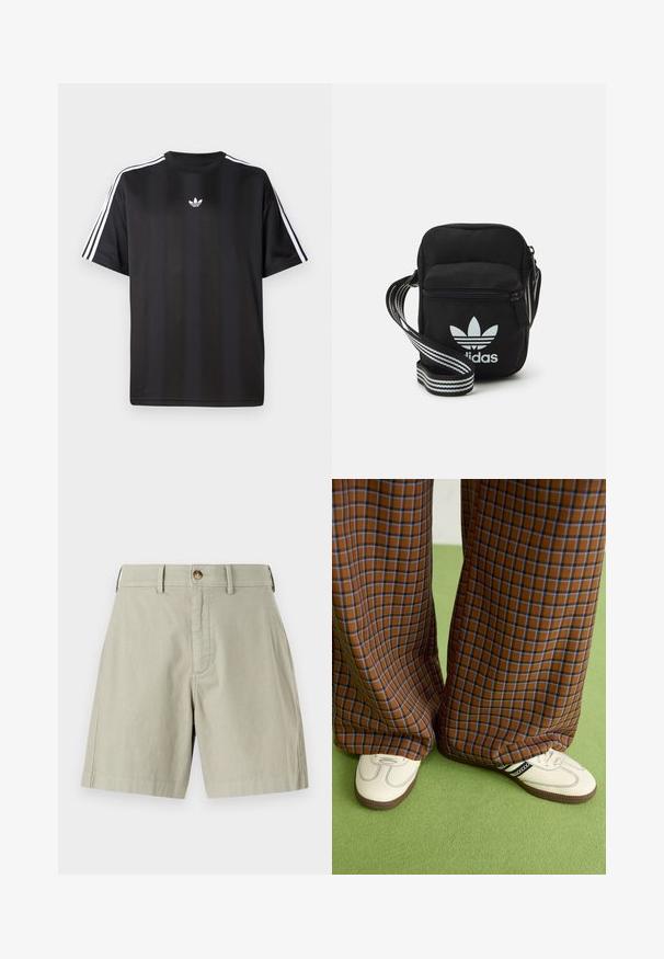 T-shirt preto de manga curta com detalhes em branco nas três listas nos ombros e um pequeno logo branco no peito. Textura do tecido suave.; Bermudas bege claras com frente plana, fecho de botão metálico único e passantes para cinto. Feitas de uma mistura de algodão macio com um corte ajustado.; Calças largas em padrão xadrez castanho e azul, combinadas com sapatos brancos com detalhes pretos e solas texturizadas, contra um fundo verde.; Sacolinha transversal de tecido preto com fecho de zíper, apresentando um logo da Adidas em branco e uma alça ajustável listrada para facilitar o transporte.
