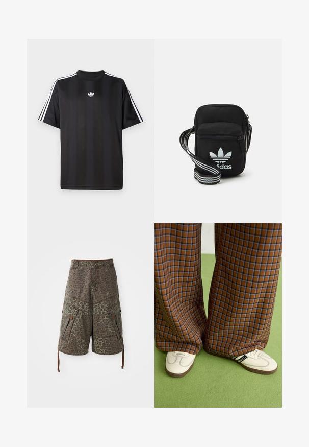 Black short-sleeve t-shirt with white three-stripe detailing on shoulders and a small white logo on the chest. Smooth fabric texture.; Camo cargo shorts in green and brown with leopard print, featuring multiple pockets, adjustable drawstrings, and reinforced stitching details.; Brown and blue plaid wide-leg trousers paired with white shoes featuring black accents and textured soles, set against a green background.; Black fabric crossbody bag with a zipper closure, featuring a white Adidas logo and a striped adjustable strap for easy carrying.