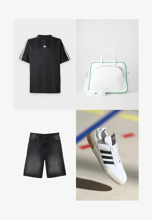 Crna majica kratkih rukava s bijelim trostrukim detaljima na ramenima i malim bijelim logotipom na prsima. Glatka tekstura tkanine.; Crne traper kratke hlače s opuštenim krojem, dizajnom s pet džepova, vidljivim šavovima i glatkom teksturom. Sadržavaju istrošeni detalj blizu rubova.; Bijela Adidas Mundial Goal tenisica s crnim prugama i gumiranim potplatima, prikazana u zraku iznad sportske podloge s obojenim linijama.; Bijela kožna torba s zelenim detaljima, koja se ističe istaknutim reljefnim logotipom, dvostrukim ručkama, odvojivim remenom i prednjim džepom na zipper.; Bijela biserna ogrlica s uniformnim okruglim oblikom, glatkom površinom i metalnom kopčom s produžnom lancem za podesivu duljinu.