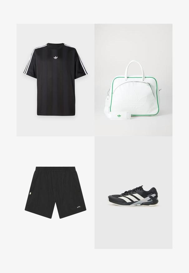 Čierne tričko s krátkym rukávom a bielymi trojpruhmi na pleciach a malým bielym logom na hrudi. Hladká textúra látky.; Čierne športové šortky vyrobené z ľahkého materiálu, s elastickým pásom, bočnými vreckami a malým logom na spodnej časti prednej strany.; Čierna športová obuv s bielymi pruhmi, sieťovinový zvršok, zaoblená špička a polstrovaná podrážka. Obsahuje štruktúrovaný opätok a bezpečný systém šnurovania.; Bielo-kožená taška s zeleným lemovaním, s výrazným embosovaným logom, dvojitými rúčkami, odnímateľným popruhom a prednou vreckom na zips.