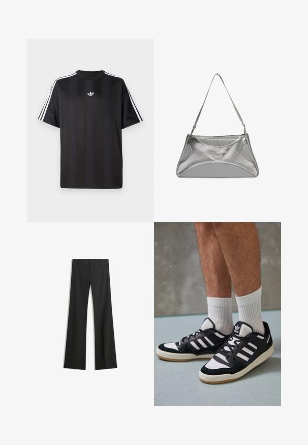 Fekete, rövid ujjú póló fehér háromcsíkos díszítéssel a vállakon és egy kis fehér logóval a mellkasán. Simább anyag textúra.; Fekete, bő szabású nadrágok sima anyagból, magas derékkal és tiszta vonalakkal, látható minták vagy díszítések nélkül.; Fekete-fehér tornacipők velúr és bőr felsőrésszel, három fehér csíkkal, perforált orral és gumi talppal.; Ezüst fémes válltáska sima, struktúrált dizájnnal, texturált felülettel, vállpánttal és domborított logóval.