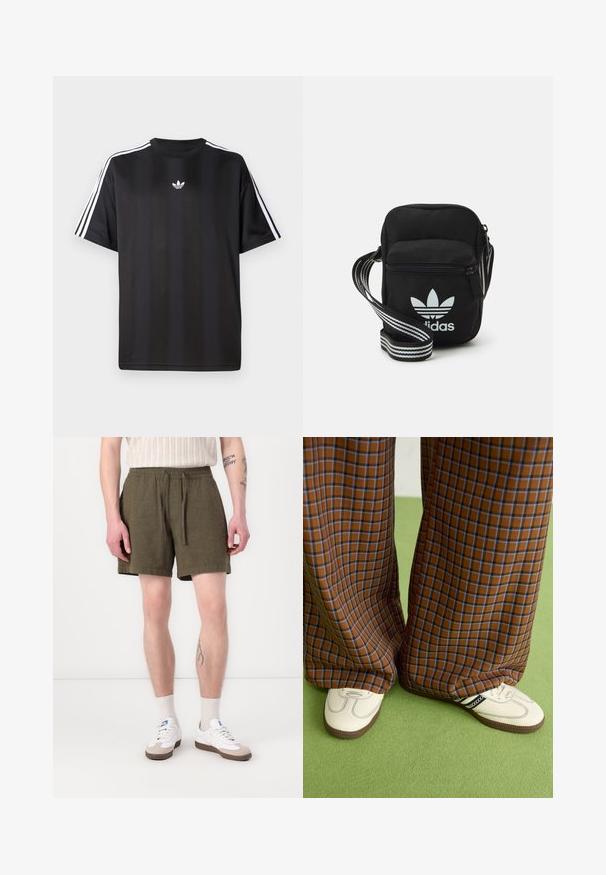 Must t-särk lühikeste varrukatega musta värviga, millel on valged kolmerealised detailid õlgadel ja väike valge logo rinnal. Sile kangas.; Oliivroheline lühike püksid, millel on elastne vöökoht ja pael, küljetaskud ja sirge lõige, valmistatud kerge kangaga.; Pruunide ja siniste ruuduliste laiad püksid, mille juurde on kombineeritud valged kingad mustade aktsentidega ja tekstuursete taldadega, roheline taust.; Mustmust värvi risti koti, millel on tõmblukuga sulgemine, valge Adidas'i logo ja triibuline reguleeritav rihm mugavaks kandmiseks.