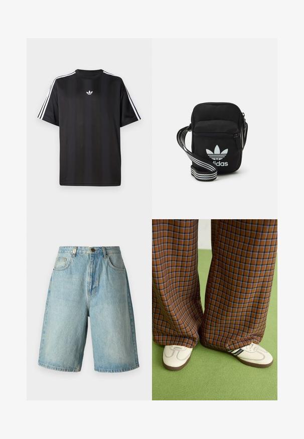 Musta lyhythihainen T-paita, jossa valkoiset kolmioviivain yksityiskohdat hartioissa ja pieni valkoinen logo rinnassa. Silkkinen kangastuntuma.; Vaaleansiniset farkkushortsit, joissa on rento malli. Edessä on taskut, napitus ja haalistunut pesu, jossa on hienovaraisia kulutustyylit.; Ruskonsin ja sininen ruutukuvioinen leveälahkeinen housut yhdistettynä valkoisiin kenkiin, joissa on mustia yksityiskohtia ja tekstuuripohjat, vihreää taustaa vasten.; Musta kangas olkalaukku vetoketjulla, jossa on valkoinen Adidas-logo ja raidallinen säädettävä hihna helppoa kantamista varten.