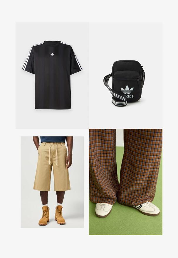 Camiseta negra de manga corta con detalles de tres rayas blancas en los hombros y un pequeño logo blanco en el pecho. Textura de tela suave.; Shorts beige de algodón con un corte holgado, con una cintura ajustable mediante cordón y bolsillos laterales. Combinados con botas de trabajo color marrón claro y calcetines blancos.; Pantalones de pata de elefante de cuadros marrones y azules combinados con zapatos blancos con detalles en negro y suelas texturizadas, sobre un fondo verde.; Bolso cruzado de tela negra con cierre de cremallera, que presenta un logo blanco de Adidas y una correa ajustable a rayas para un fácil transporte.