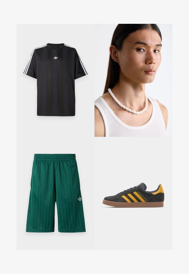 Melns īsām piedurknēm T-krekls ar baltām trīs svītru detaļām uz pleciem un mazu baltu logo uz krūšu apvidus. Gluda auduma tekstūra.; Zaļie sporta šorti ar vertikālām svītrām, elastīgu jostu un mazu baltu логотипu apakšējā labajā pusē. Izgatavoti no viegla materiāla.; Melnas zamšādas kedas ar dzelteniem akcentiem, kurām ir trīs svītras un brūna gumijas zole. Iekļauta mīksta valkāšanas tongue komfortam.; Balta čaulu kaklarota, kas sastāv no neregulārām formām, valkāta virs pieguļošas baltas topiņas. Gluda tekstūra ar smalku spīdumu, cieši piegulošs dizains.