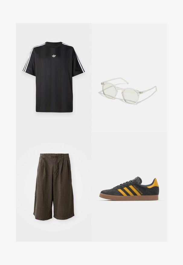 Juodas trumpomis rankovėmis marškinėliai su balta trimis juostelėmis ant pečių ir mažai balta logotipo krūtinėje. Lygus audinio tekstūra.; Rudos dryžuoti šortai su laisvu siluetu. Pagaminti iš lengvos medžiagos, turi klostes ir apvadu hemui pridėti detalių.; Juodas zomšinės sportbačiai su geltonais akcentais, turintys tris juosteles ir rudą gumos padą. Apima paminkštintą liežuvėlį patogumui.; Apvalūs akiniai nuo saulės su skaidriu rėmu, šviesiai žaliais lęšiais ir plonomis skaidriomis kojelėmis. Rėmas turi subtilius metalinius akcentus.