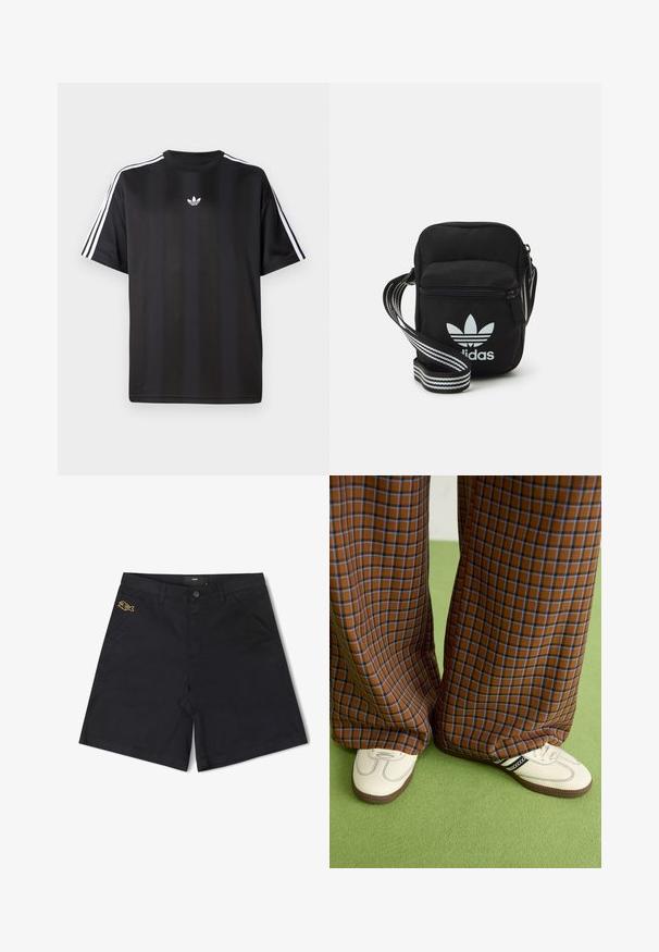 T-shirt preto de manga curta com detalhes em branco nas três listas nos ombros e um pequeno logo branco no peito. Textura do tecido suave.; Bermudas pretas em algodão com fecho de botão à frente, bolsos laterais e um pequeno logótipo de peixe amarelo no bolso esquerdo.; Calças largas em padrão xadrez castanho e azul, combinadas com sapatos brancos com detalhes pretos e solas texturizadas, contra um fundo verde.; Sacolinha transversal de tecido preto com fecho de zíper, apresentando um logo da Adidas em branco e uma alça ajustável listrada para facilitar o transporte.