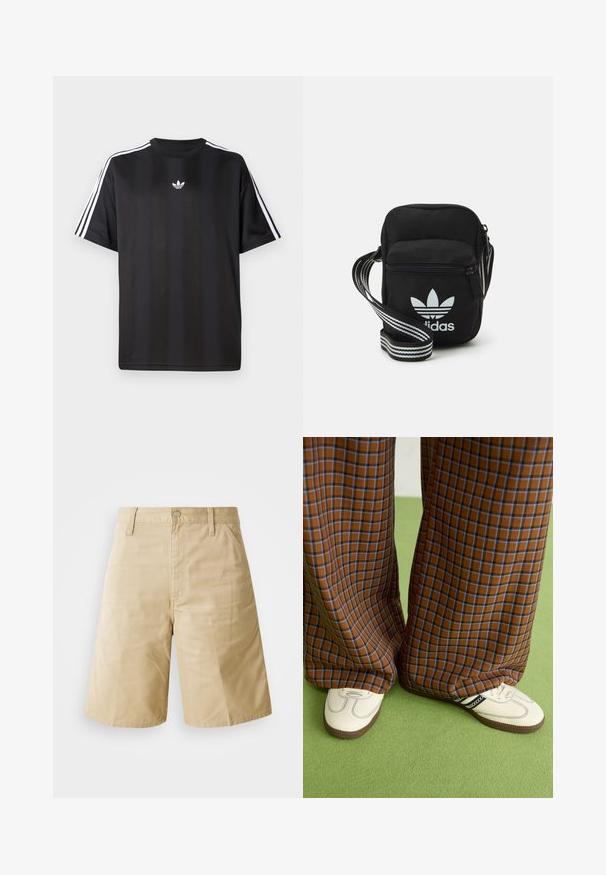 Melns īsām piedurknēm T-krekls ar baltām trīs svītru detaļām uz pleciem un mazu baltu logo uz krūšu apvidus. Gluda auduma tekstūra.; Beige kokvilnas šorti ar taisnu piegriezumu, piedāvājot pogu aizdari, rāvējslēdzēju un sānu kabatas. Gluda tekstūra un krokota priekšpuse.; Brūni un zili rūtaini platās kājas bikses, kas savienotas ar baltām kurpēm ar melniem akcentiem un teksturētām zolēm, uz zaļa fona.; Melna auduma crossbody soma ar rāvējslēdzēja aizdari, kurai ir balts Adidas logo un svītrainas regulējamas siksnas ērtiem pārvietošanās veidiem.