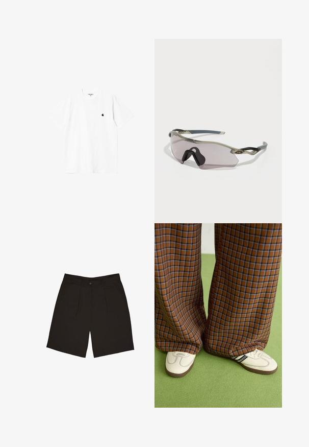 Hvid bomulds t-shirt med korte ærmer, rund hals og et lille sort logo på venstre bryst. Blød tekstur og standard pasform.; Sorte shorts lavet af et glat stof, med en enkelt frontknap, plisseringer og sidelommer, designet til en afslappet pasform.; Brune og blå ternede brede benbukser parret med hvide sko med sorte accenter og strukturerede såler, sat mod en grøn baggrund.; Solbriller med en gennemskinnelig grå stel, tonede linser og kantet design. Har en karakteristisk næsestykke og strukturerede mørkegrå tempelarme.