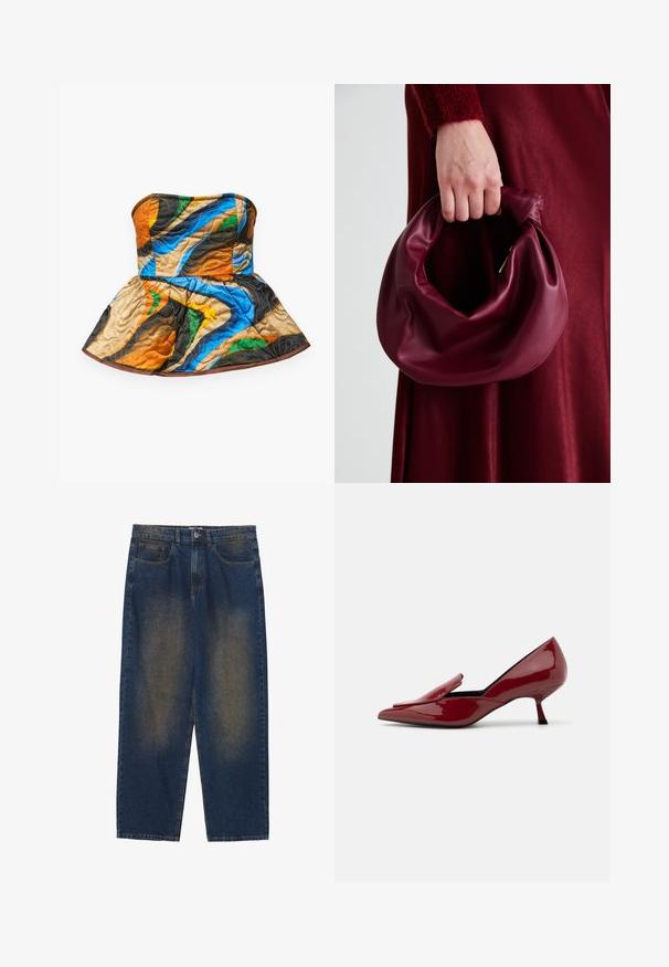 Top ilman olkaimia, jossa on peplum-muotoilu. Sisältää värikkäitä kuvioita oranssissa, sinisessä, vihreässä ja ruskeassa teksturoidulla kankaalla.; Sininen farkkukangas housut rentoa istuvuutta, keskipesua, viisi taskua, nappikiinnitys ja hieman haalistuneita kohtia edessä.; Punaiset lakatut nahkakengät, joissa on kärjessä terävä muoto, liukuhihnainen malli ja matala stiletto-korko. Silkkinen pinta, jossa on tyylikäs siluetti.; Burgundy-nahkakäsilaukku, jossa on pehmeä, ryppyinen muotoilu ja pyöreä muoto. Kahva on kiinnitetty tukevasti, ja siinä on sileä pinta.