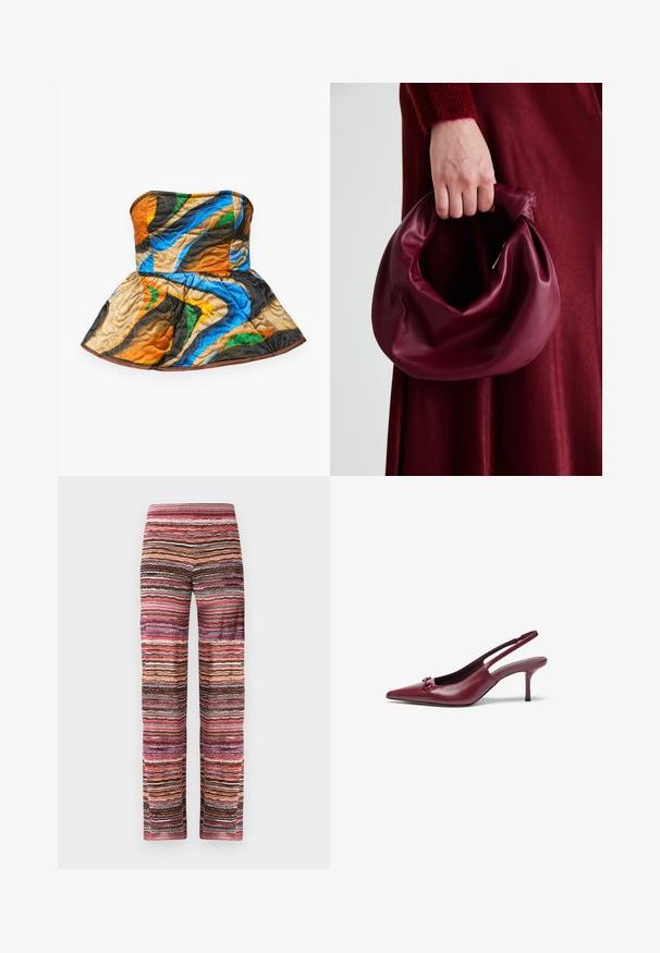 Stehnutý top bez ramienok s peplum dizajnom. Obsahuje farebné vzory v oranžovej, modrej, zelenej a hnedej na textúrovanej tkanine.; Prúžkované široké nohavice s viacfarebným vzorom v ružovej, oranžovej, hnedej a čiernej farbe, vyrobené z hladkého, ľahkého materiálu.; Bordové slingback opätky s špicatou špičkou, vyrobené z kože. Obsahujú dekoratívny akcent na priehlavku a 3-palcový stiletto opätok.; Burgundská kožená kabelka s mäkkým, zhromaždeným dizajnom a zaobleným tvarom. Rukoväť je pevne zaisťujúca a vystavuje hladkú textúru.