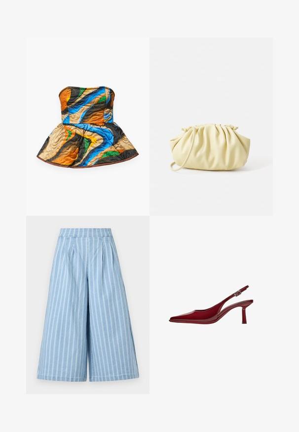 Top fără bretele, cu un design peplum, matlasat. Prezintă modele colorate în nuanțe de portocaliu, albastru, verde și maro pe un material texturat.; Pantaloni largi de culoare albastru deschis, cu dungi verticale albe, având un față plisată și un brâu elastic. Textură moale de denim.; Bershka Pantofi clasici cu toc - dark red; Geantă pliată galbenă dintr-un faux leather neted, cu o formă moale, având un singur mânere pentru umăr și un design cu partea superioară gathered.