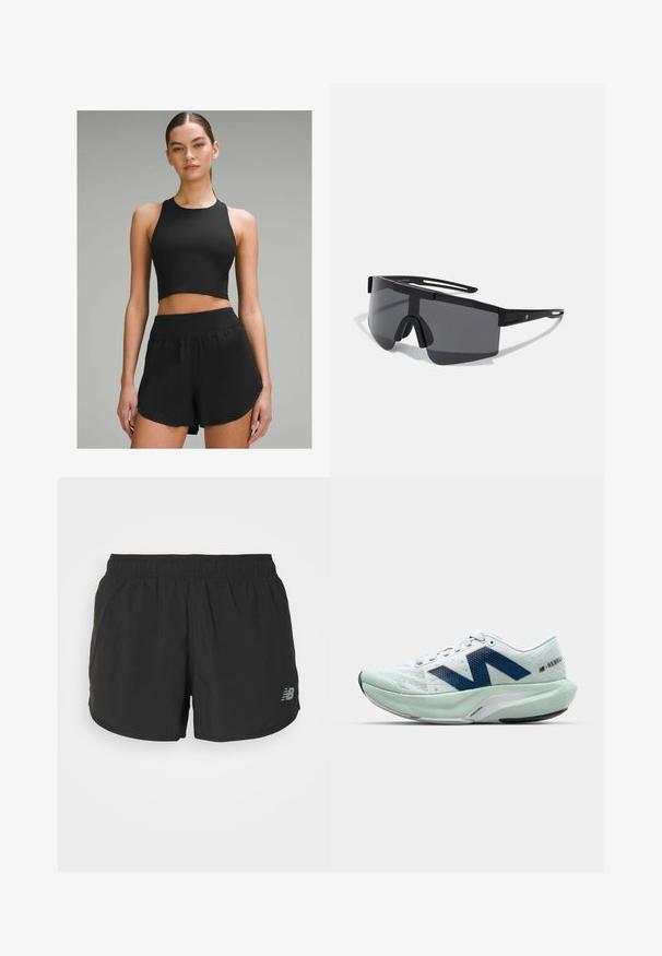 Čierny športový crop top s vysokým golierom, v kombinácii s čiernymi šortkami s širokým pásom a bočnými akcentmi.; Čierne športové šortky s elastickým pásom, vyrobené z ľahkej tkaniny. Obsahujú malé šedé logo na pravej dolnej strane.; Ľahká bežecká obuv v bielej a svetlo mentolovej farbe s modrými akcentmi, textúrovaný sieťovaný zvršok a polstrovaná podrážka s výrazným opätkom.; Čierne veľké slnečné okuliare so robustným plastovým rámom, okolo hlavy opletený dizajn a tmavé šošovky so nosným mostíkom a minimálnymi bočnými akcentmi.