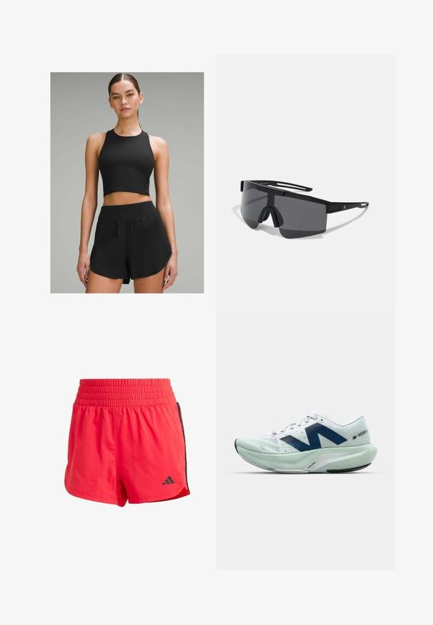 Zwarte sportieve crop top met hoge hals, gecombineerd met zwarte shorts met een brede tailleband en zijaccenten.; Rode sportieve shorts van lichtgewicht stof, met een elastische tailleband, zwarte accenten aan de zijkanten en een klein logo aan de onderzijde links.; Lichte hardloopschoen in wit en licht mint, met blauwe accenten, een gestructureerde mesh bovenkant en een gevoerde zool met een uitgesproken hak.; Zwarte oversized zonnebril met een stevige kunststof montuur, een wraparound ontwerp en donkere glazen met een neusbrug en minimale zijkanten.