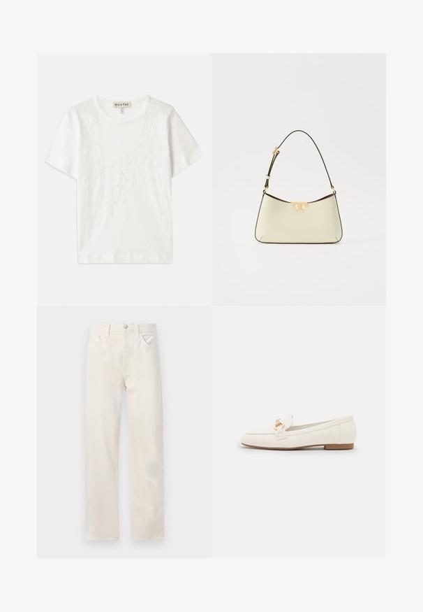 Vit bomull t-shirt med korta ärmar, med blommig broderidesign på framsidan och rund halsringning.; Off-white raklång denimjeans med fem fickor, bältesöglor och stängning med knapp och dragkedja i midjan.; Vita läderloafers med platt sula, utrustade med en detalj av guldfärgad spänne och en slät yta. Klassisk design med enkla linjer.; Läderhandväska i crème med en böjd form. Har en guldtonad logodetalj och ett tunt, justerbart mörkt band.