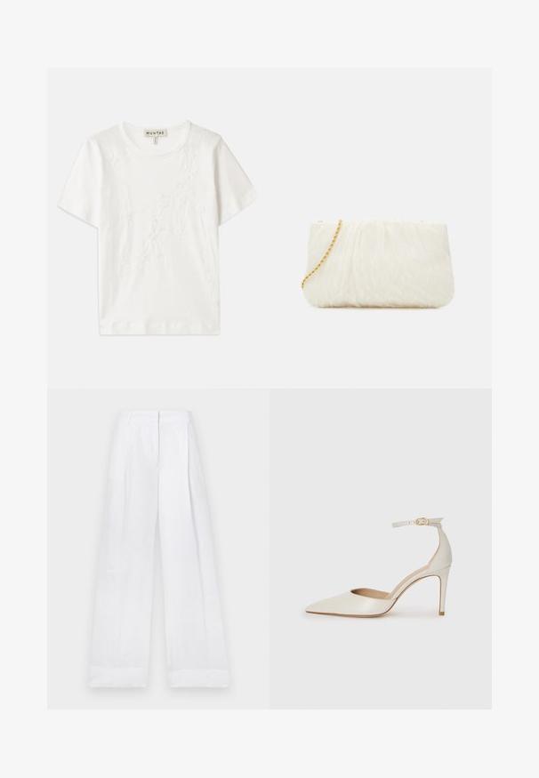 T-shirt bianco in cotone con maniche corte, caratterizzato da un design di ricamo floreale sulla parte anteriore e un collo rotondo.; Pantaloni bianchi in lino a vestibilità ampia, con vita alta, gambe dritte e senza motivi o elementi decorative visibili. Texture liscia.; Scarpa col tacco alto in pelle bianca con punta affusolata, cinturino alla caviglia e tacco a stiletto sottile. Texture liscia con una finitura leggermente lucida.; Clutch bianco con texture e design arricciato, dotato di una tracolla in catena dorata. Finitura liscia con leggere ondulazioni e bordi arrotondati.