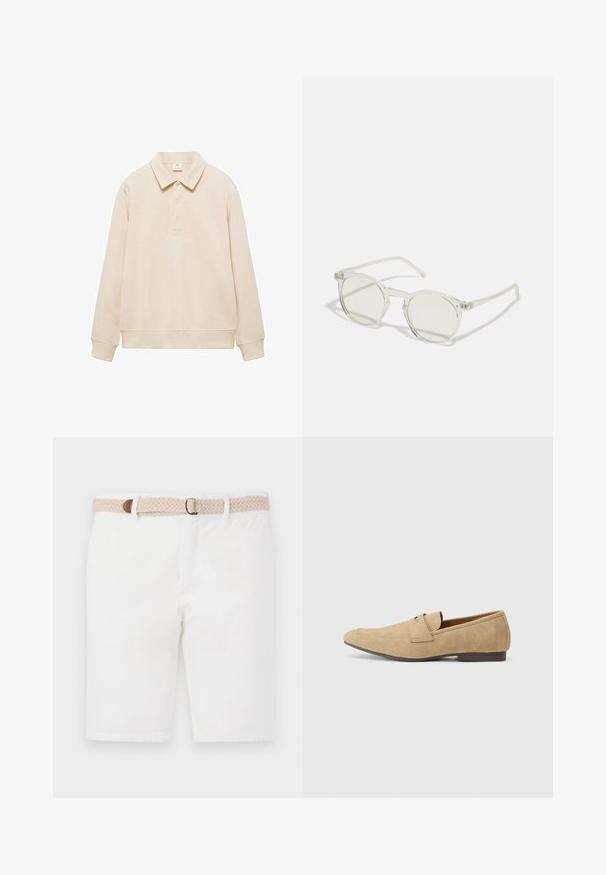 Beżowa koszulka polo z długim rękawem, wykonana z miękkiego materiału, z klasycznym kołnierzykiem, z trzyguzkowym zapięciem oraz ściągaczami przy mankietach i u dołu.; Białe bawełniane szorty z plecionym beżowym paskiem z brązowym akcentem. Szorty mają czysty design i gładką fakturę.; Beżowe zamszowe mokasyny z lekkim połyskiem, z okrągłym noskiem, zakładanym fasonem i niskim brązowym obcasem. Subtelne detale przeszycia.; Okrągłe okulary przeciwsłoneczne z przezroczystą ramką, jasnooliwkowymi soczewkami i cienkimi, przezroczystymi zausznikami. Posiadają subtelne akcenty sprzętowe na ramce.