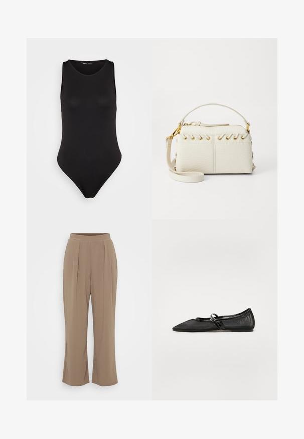 Fekete, ujjatlan bodysuit sima, rugalmas anyagból, testhezálló kialakítással, magasra vágott lábrészsel és minimalista stílussal.; Barna, bő szárú nadrág puha anyagból, elülső redőkkel és kényelmes, rugalmas derékrésszel. Tiszta, minimalista dizájn.; Fekete lapos cipő hegyes orral, hálós felsőrésszel és lakkbőr részletekkel. Finom pánttal rendelkezik, kerek fém díszítéssel.; Fehér műbőr kézi táska, felső cipzárral, rövid fogantyúval és levehető keresztpántos vállpánttal, arany színű fémrészletekkel. Oldalsó fűzés részlet.; Ez egy ezüst fülbevaló, sima felülettel, amelyen apró arany díszítőelemek találhatók. Kerek formájú és a fülcimpán viselik.