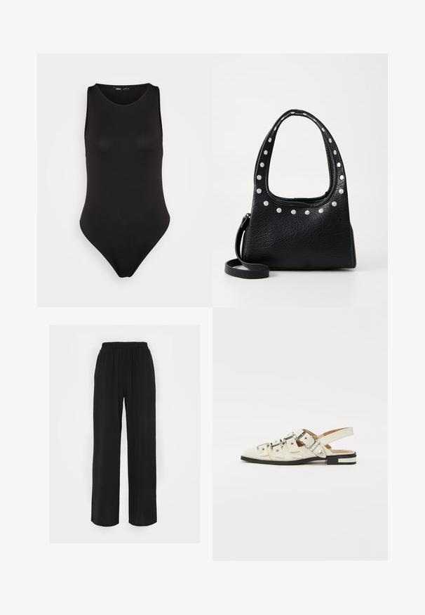 Body negru fără mâneci, fabricat dintr-un material neted, elastic, cu un design ajustat, având picior înalt și un stil minimalist.; Pantaloni negri cu picioare largi, cu o talie elastică, având un material texturat și o croială lejeră. Proiectați pentru confort și libertate de mișcare.; Sandale slingback din piele albă cu multiple curele late și catarame argintii; talpă plată cu un mic toc negru și accente metalice.; Geantă din piele texturată neagră, cu bolțuri argintii de-a lungul marginii superioare și a mânerei, având o mână scurtă și o curea detasabilă.; Cercel din argint cu un finisaj polișat, având detalii mici din aur și o formă rotundă, purtat pe lobul urechii.