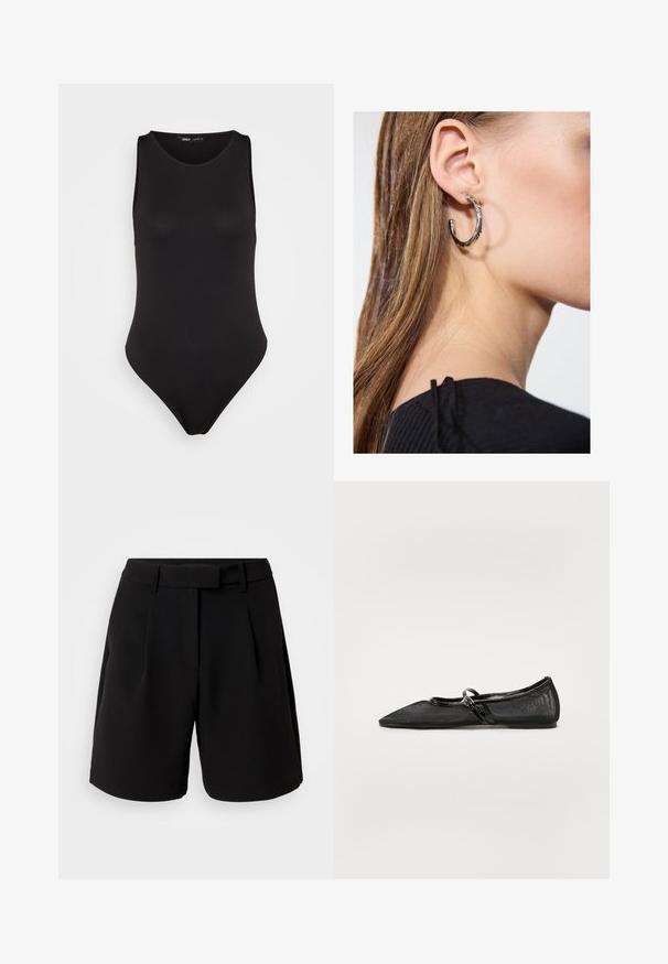 Čierny bezrukávový body vyrobený z hladkej, elastickej látky s priliehavým strihom, s vysokým vykrojením nohavíc a minimalistickým štýlom.; Čierne strihané šortky, vyrobené z hladkej tkaniny, s vysokým pásom, záhybmi, pútkami na opasok a bočnými vreckami, s čistým a prestrihnutým dizajnom.; Čierne ploché topánky s špicatou špičkou, sieťovaným zvrškom a akcentmi z lakovanej kože. Obsahujú tenký pásik s detailom okrúhleho hardvéru.; Strieborná kruhová náušnica s lesklým povrchom, obsahujúca malé zlaté akcenty a okrúhly tvar, nosená na lalôčiku ucha.