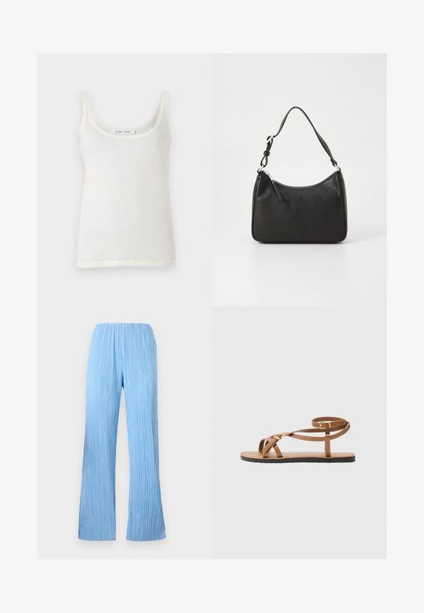 White cotton tank top with thin straps, featuring a scoop neckline and a slightly sheer texture. Hem is straight with no additional accents.; Light blue pleated pants with a wide-leg design, featuring vertical stripes and an elasticated waistband for comfort. Smooth, lightweight fabric.; Brown leather sandal with thin strappy design, featuring a gold-tone buckle and flat black sole with zigzag edge.; Black leather handbag with a curved shape, a single strap, zip closure, and subtle branding on the front. Smooth texture, minimalist design.