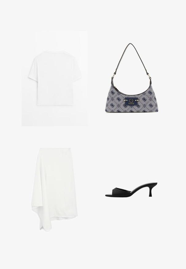 Plain white short-sleeve crew neck shirt with a central seam running vertically down the back, displayed against a white background.; Asymmetrical white skirt made of soft, lightweight fabric; frayed hem detail; smooth texture; drapes elegantly on one side.; Black heeled mules with a wide, open toe and a curved upper. Made of textured fabric, featuring a slender heel and a smooth sole.; Hobo-style handbag in navy blue fabric with a diamond pattern, featuring a logo plaque and a smooth shoulder strap. Textured surface.