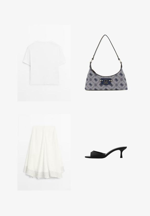Maglietta bianca a maniche corte con colletto girocollo, caratterizzata da una cucitura centrale che corre verticalmente lungo la schiena, esposta su uno sfondo bianco.; Gonna midi bianca con orlo a campana, caratterizzata da sottili righe orizzontali nere e chiusura con zip sul retro.; Mule nere con tacco alto, dotate di una punta larga e aperta e di una parte superiore curva. Realizzate in tessuto texture, presentano un tacco sottile e una suola liscia.; Borsa a tracolla in stile hobo in tessuto blu navy con un motivo a diamante, dotata di una placca con logo e di una tracolla liscia. Superficie texturizzata.